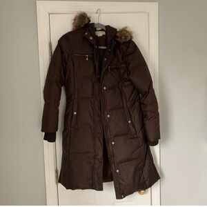 MICHAEL Michael Kors Dark Brown Puffer Coat with Fur Hood